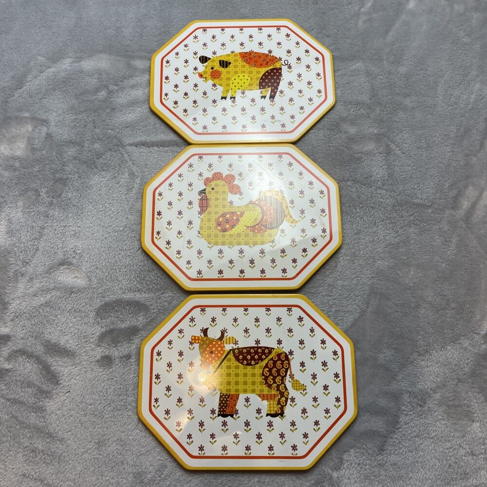 Vintage Daher Metal Tin Wall Room Decor‎ Farm Animals Ocatagonal Cow Chicken Pig